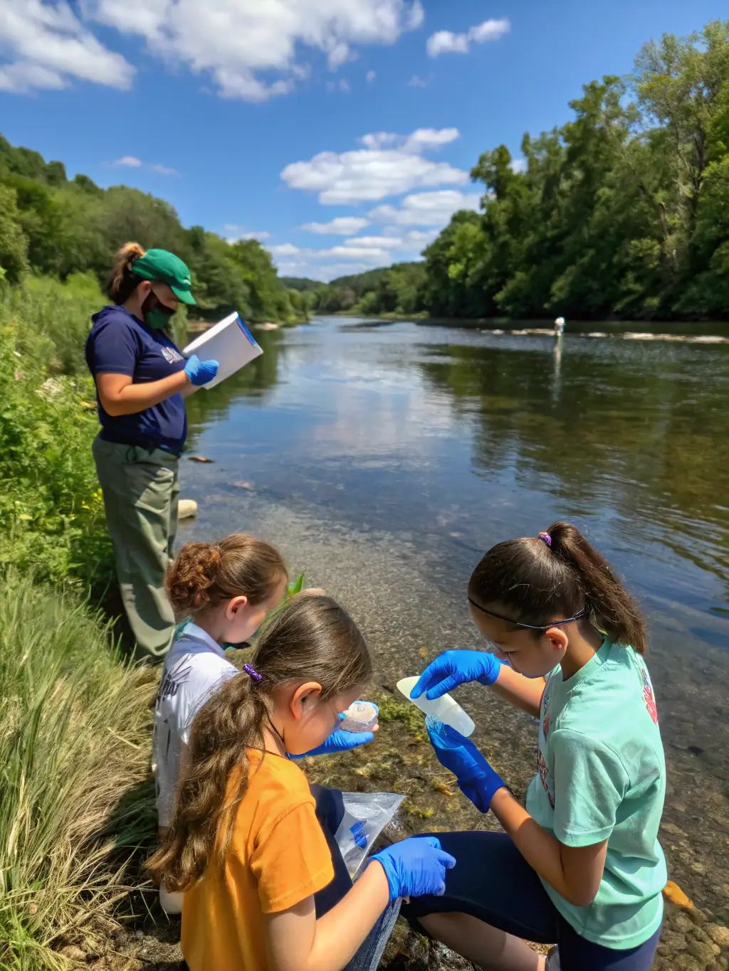 A photograph of LA GAULE CONFOLENTAISE members conducting water quality testing in a local river, demonstrating their commitment to protecting aquatic environments.