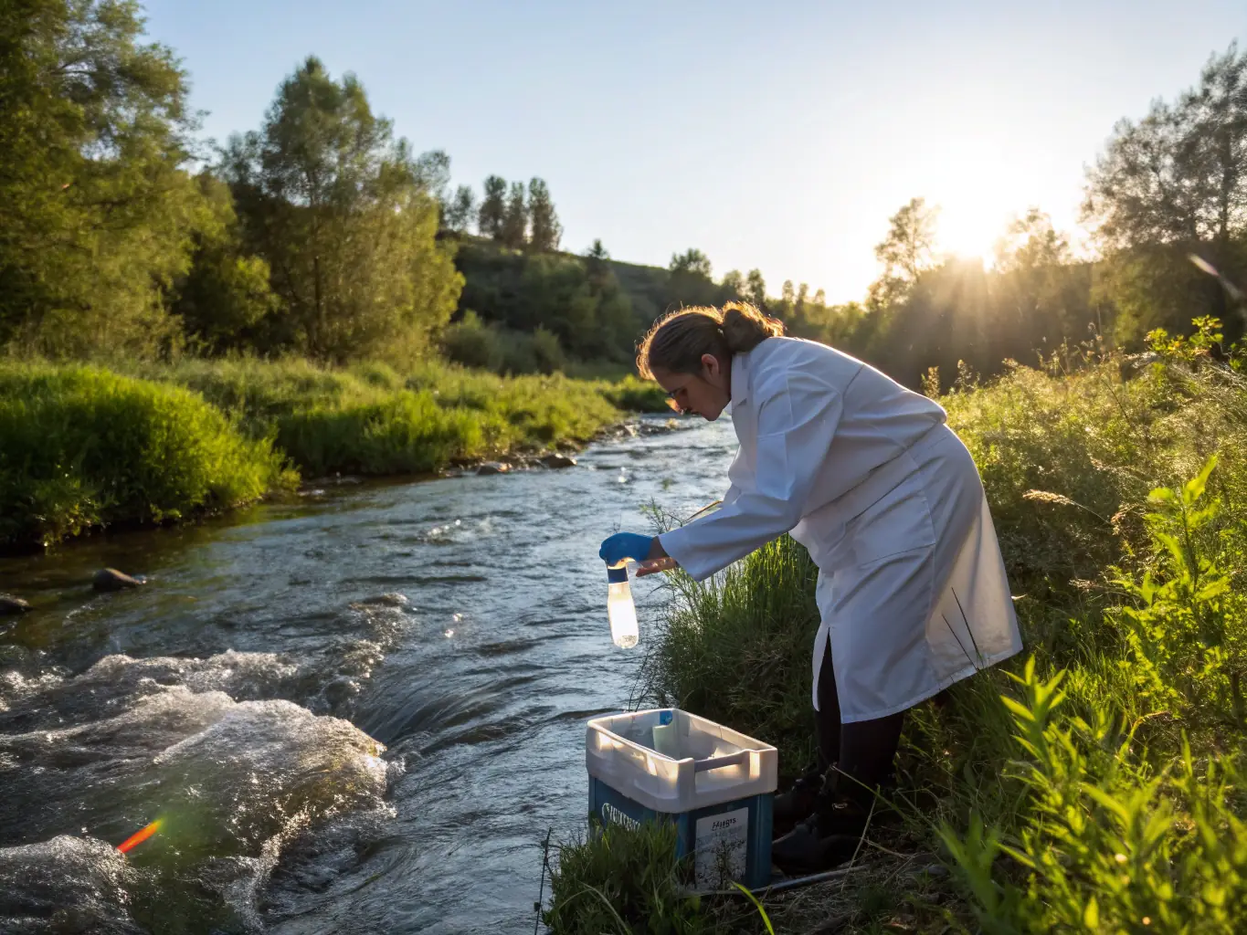 An image depicting the monitoring of water quality in a local river, with scientists collecting samples and analyzing data.