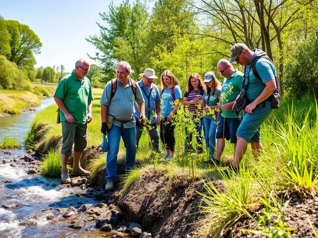 A scenic view of a river restoration project, showcasing volunteers planting native vegetation along the riverbank to improve habitat for fish and other aquatic species. The image should convey a sense of community involvement and environmental stewardship.