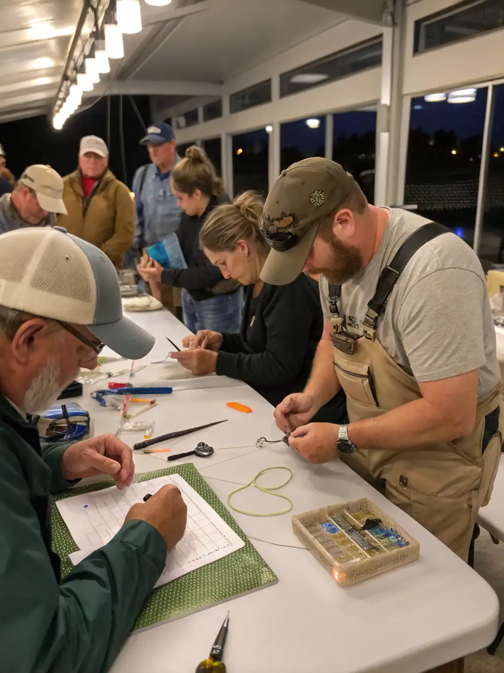 A photograph showcasing a workshop where members of LA GAULE CONFOLENTAISE are educating local anglers on responsible fishing techniques and regulations.
