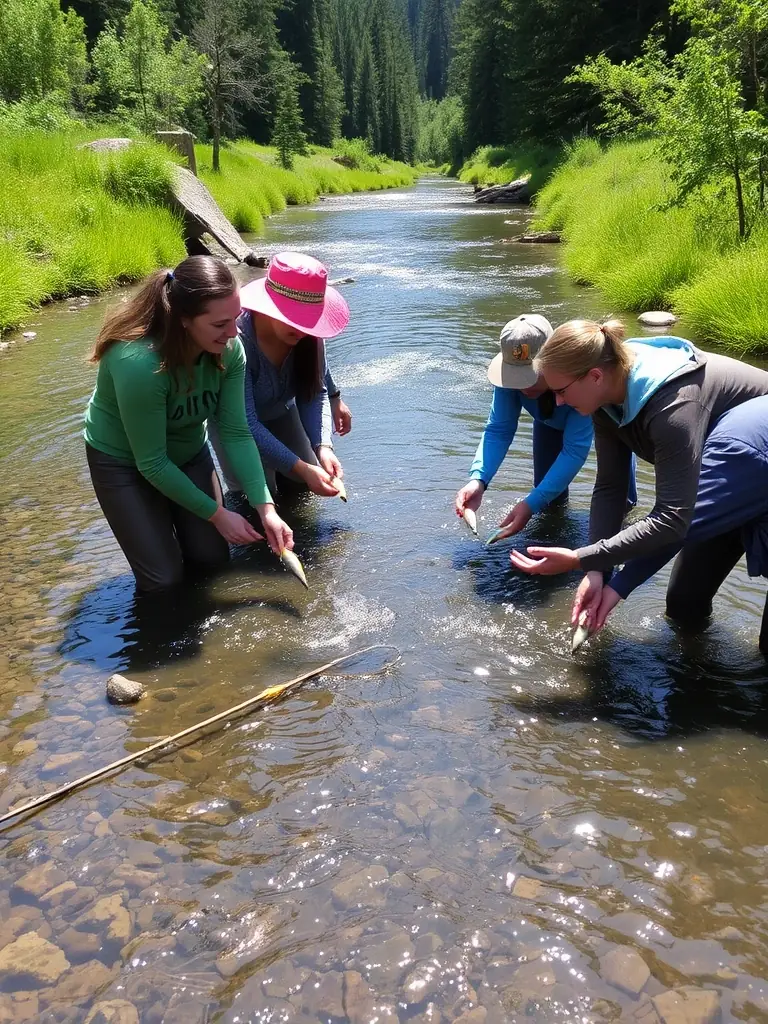 A photograph of LA GAULE CONFOLENTAISE members releasing fish into a river as part of a restocking program, highlighting their efforts to enhance fish populations.